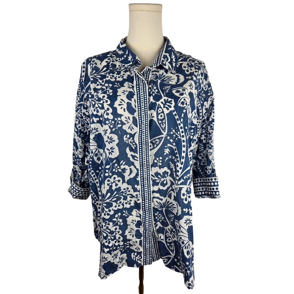 Gretchen Scott Button Down Shirt XL Blue White Floral Cotton Contrast Cuffs - Picture 2 of 11
